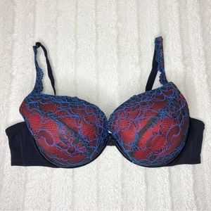 Cacique Blue Red Lace Bra Mesh Sides 44C